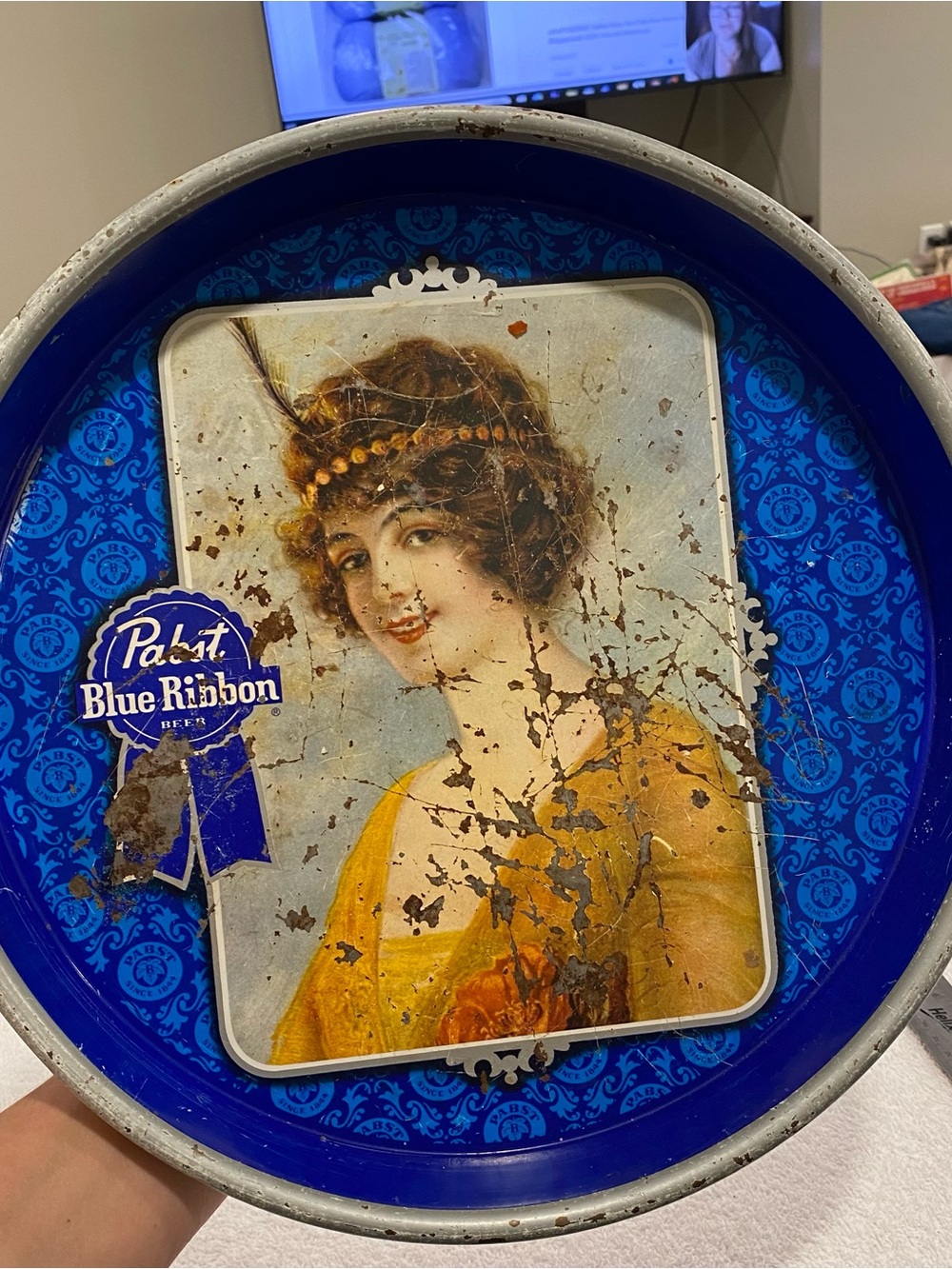 Pabst Blue Ribbon Vintage Metal Tray/Lady Portrait - Blue & Gold- distressed